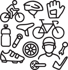 Cycling Icon Set – Bicycle, Helmet, Water Bottle, Gloves, Shoes, Gear, Pump, Map, Cyclist Figure – Minimalist Black Silhouettes for Fitness and Outdoor Lifestyle Graphics