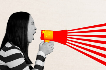 Sketch image trend montage 3D photo collage of portrait young lady scream talk hand hold megaphone...