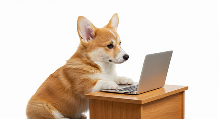Dog Corgi Sitting at a Tiny Desk with Computer Like a Remote Worker