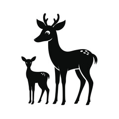 Black silhouette of a deer and fawn