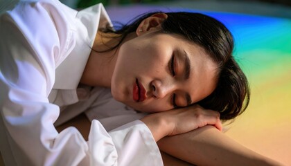 Woman's Gentle Slumber: An Asian woman resting peacefully, showcasing her serene expression, her lips a vibrant crimson against the backdrop of soft, diffused light.