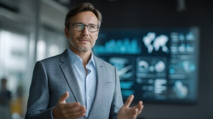 Experienced businessman presenting global data and analytics in a modern office embodying leadership innovation and success in corporate communication