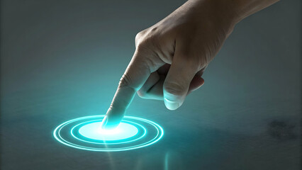 Human finger hovering over glowing cyan virtual control