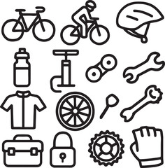Cycling Icon Set – Bicycle, Helmet, Water Bottle, Gloves, Shoes, Gear, Pump, Map, Cyclist Figure – Minimalist Black Silhouettes for Fitness and Outdoor Lifestyle Graphics