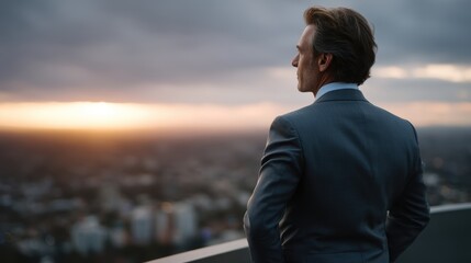 Fototapeta premium Successful businessman contemplates the citys sunset skyline standing tall on a rooftop a picture of ambition inspiration determination and leadership focus