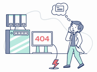 Confused businessman standing with unplugged wire in front of website error screen