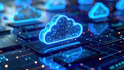 Cloud Computing: A detailed view of illuminated digital cloud with its interconnected network symbolizing data storage, global information, and technology innovation.
