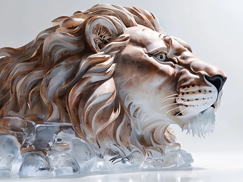 scultura di ghiaccio iper-realistica a forma di testa di leone maschio, hyper-realistic ice sculpture in the shape of a male lion's head