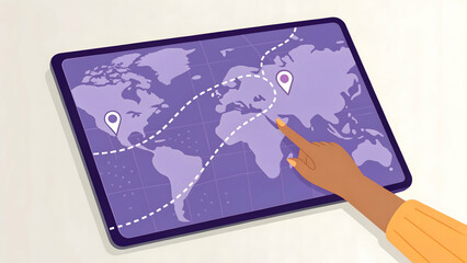 Finger tracing digital map on purple augmented reality screen