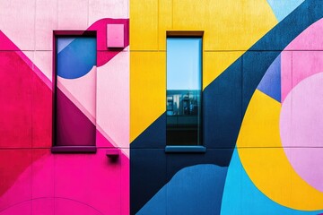 Vibrant wall art with windows reflecting cityscapes.  Colorful geometric shapes and blocks of paint create a dynamic urban mural.  Pink, magenta, yellow, and blue hues are prominently featured