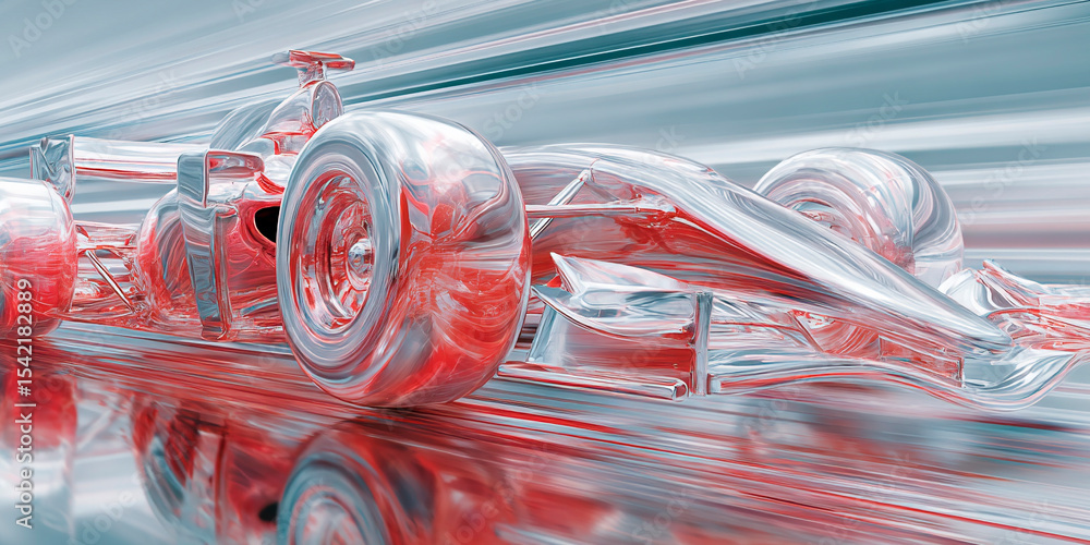 Poster futuristic transparent race car in motion with red highlights on a reflective high-speed track backg