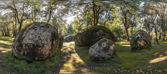 Large, moss-covered boulders nestled within a sun-dappled woodland