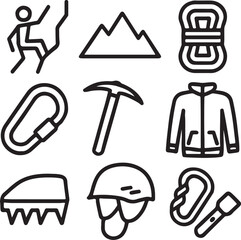 Mountaineering & Hiking Icon Set – Mountain, Climber, Rope, Carabiners, Ice Axe, Jacket, Helmet, Boot, Backpack, First Aid Kit – Minimal Silhouettes for Outdoor Adventure Graphics