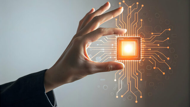 Human hand touching floating circuit display with orange glow