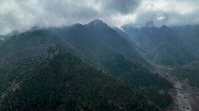 Aerial Hyperlapse over Mountains in Japan on cludy day 