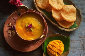 Mango Dessert Aamras with Puris and Fresh Mango Slices on Banana Leaf in Rustic Setting