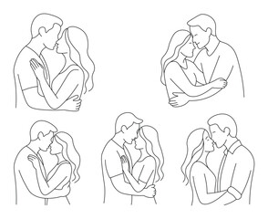 vector illustration of people. Minimalist one-line art of romantic couple 5 love pose illustrations in modern outline style.