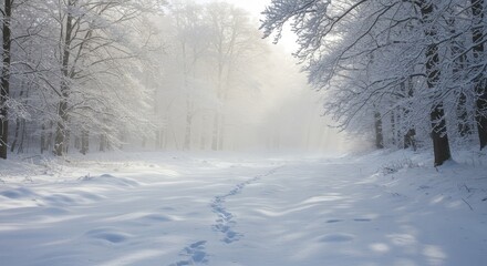 Fototapeta premium A winter wonderland. Sunlight streams through a snowy forest path