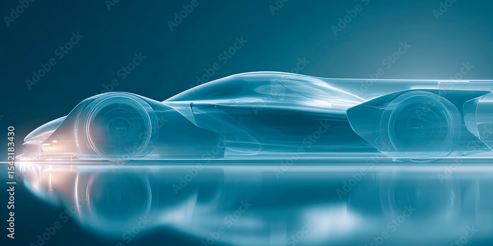 Poster futuristic transparent concept car in motion with glowing edges and reflections, set against a dark 