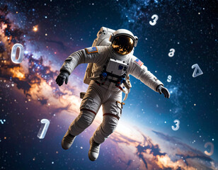 Astronaut with floating numbers in space. An astronaut floats weightlessly in deep space surrounded by glowing numbers. The cosmic scene evokes mystery, science, and exploration.