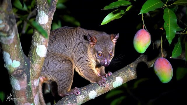 Nighttime shot of striped marsupial climbing tree with mango fruit