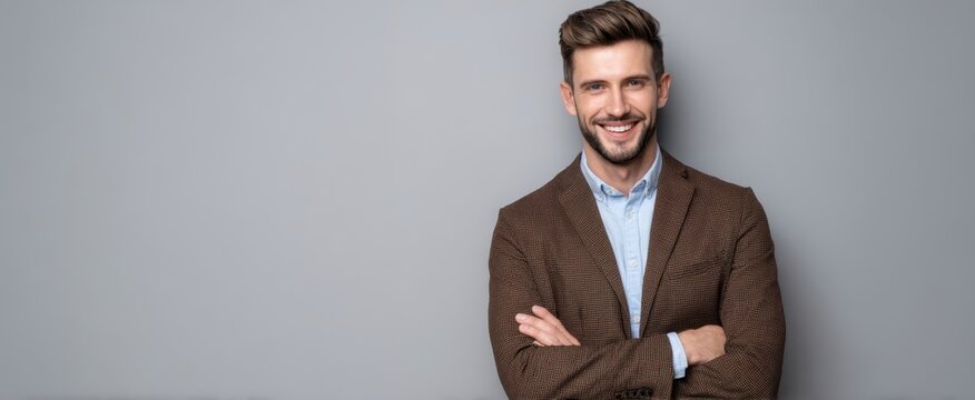 The smiling young man in a stylish casual business outfit.