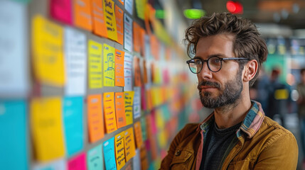 A focused man with glasses looks at the camera, while a blurred woman and a wall covered in colorful sticky notes, symbolizing an agile project board, are in the background