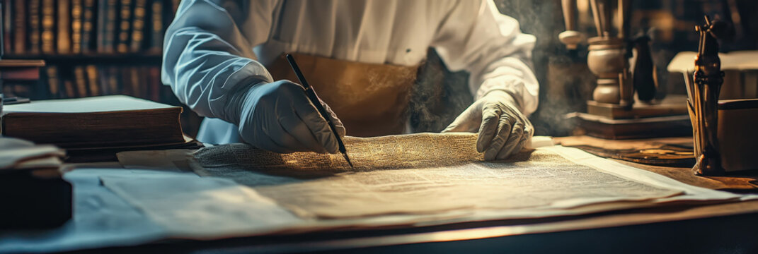 A gloved conservator meticulously restores an ancient document on a dimly lit workbench, surrounded by old books, emphasizing historical preservation and scholarly work