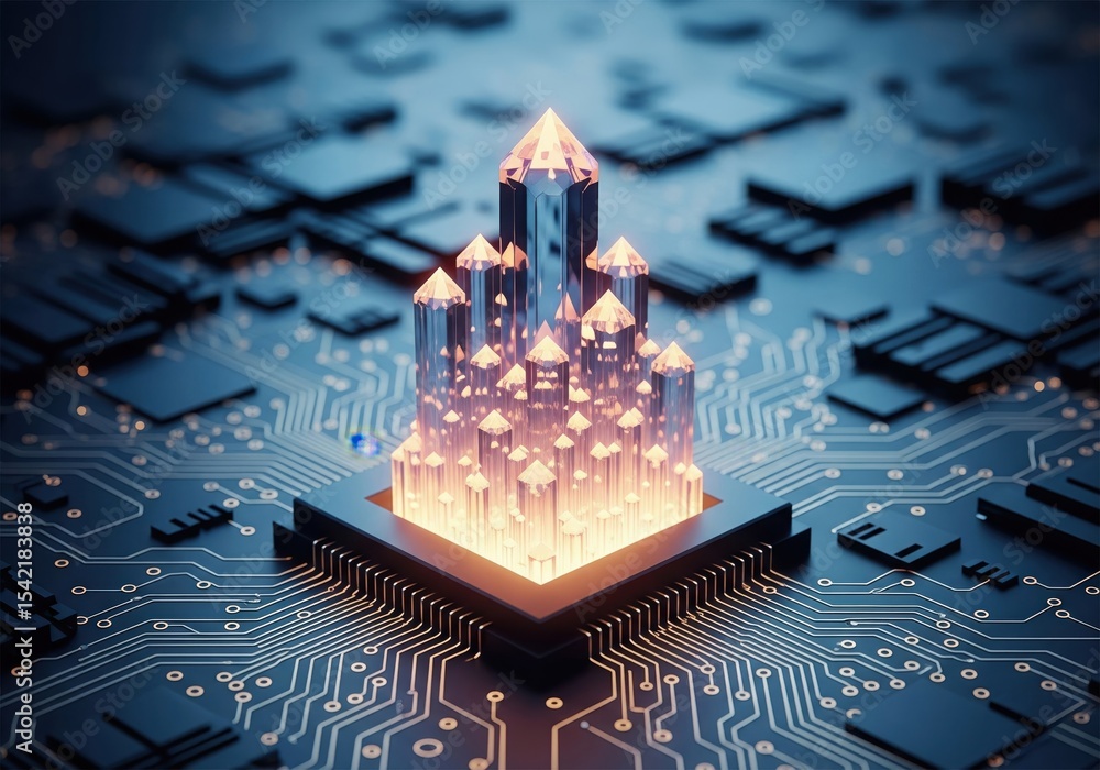 Aufkleber digital energy core. depicts a sophisticated microchip on a motherboard, emanating vibrant light fro