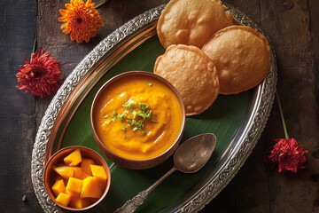 Mango Dessert Aamras with Puris and Fresh Mango Slices on Banana Leaf in Rustic Setting