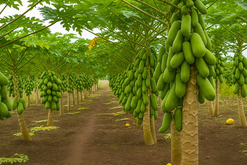 Organized tropical farm with papaya trees full of unripe fruits on rich soil background.