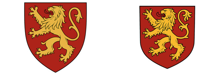 Historic coat of arms featuring golden lion on red background, symbolizing strength and nobility in heraldry traditions © Alan