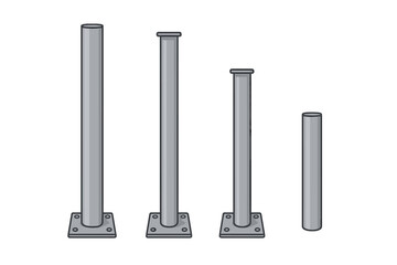 Different sizes of gray metal poles with flat bases for various construction and support applications