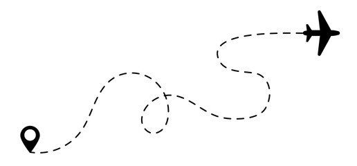 Minimalist dashed airplane travel path with map pins. Vector illustration of flight routes representing trips, business travel, and journeys. Isolated on a white background.