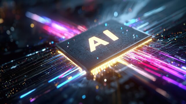 A powerful computer chip with the letters AI glowing on its surface.