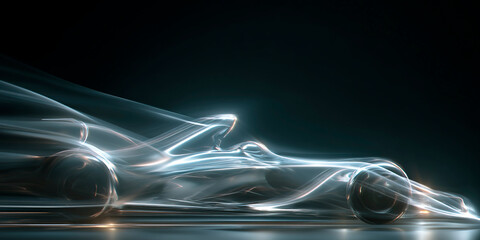 Futuristic race car made of glowing light streaks speeding through a dark environment, emphasizing motion, elegance, and high-performance aerodynamics in a digital concept style