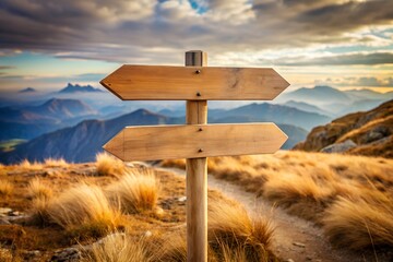 Wooden signpost with two arrows pointing in opposite directions on mountain top