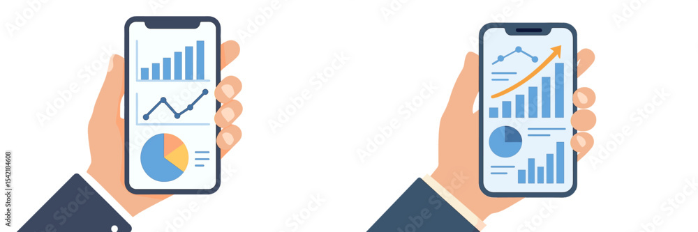 Poster business analytics displayed on smartphones with modern graphics showcasing data trends and growth m