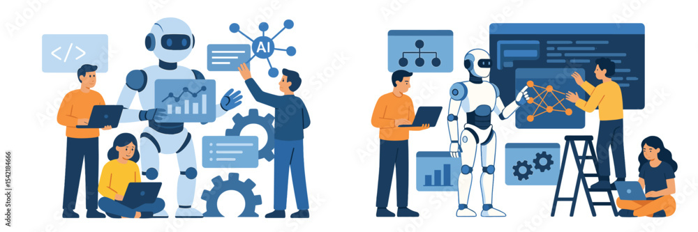 Poster people engaging with artificial intelligence and robotics in a modern workspace environment showcasi