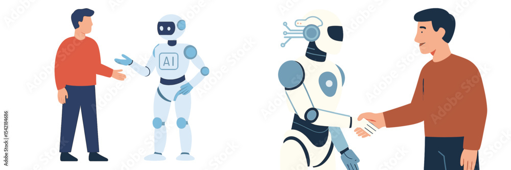 Poster man interacts with friendly robot in a modern setting showcasing advanced technology and collaborati