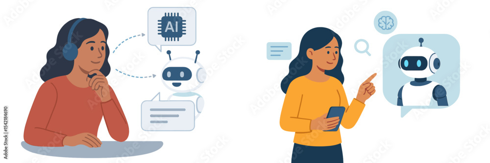 Poster engaged individuals interacting with conversational ai technology in a modern workspace setting