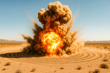 War in desert. Large explosion blast with fire and smoke clouds in a barren desert landscape. Impact and destruction concept for catastrophic scenes.