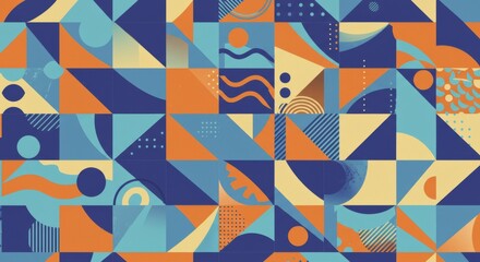  A vibrant, abstract geometric pattern featuring an eclectic mix of shapes, lines, and colors like blue, orange, and yellow, creating a dynamic background.