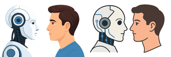 Human and robot face-to-face in a futuristic dialogue exchange about technology and ethics