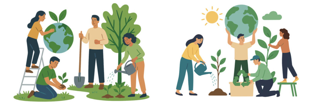 Community members engage in tree planting and eco-friendly activities on a sunny day in the park