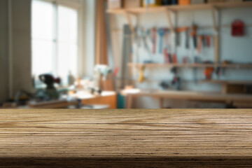 Wooden workbench in a bright workshop filled with tools and equipment during daytime hours