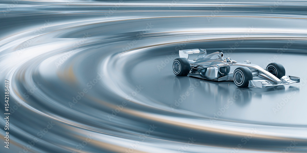 Poster chrome race car speeding through a futuristic curved track with glowing metallic streaks and smooth 