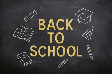 Obraz premium Decorative Chalkboard Design Featuring Back to School Theme With Books, Graduation Cap, and Stationery Items in a Classroom Setting