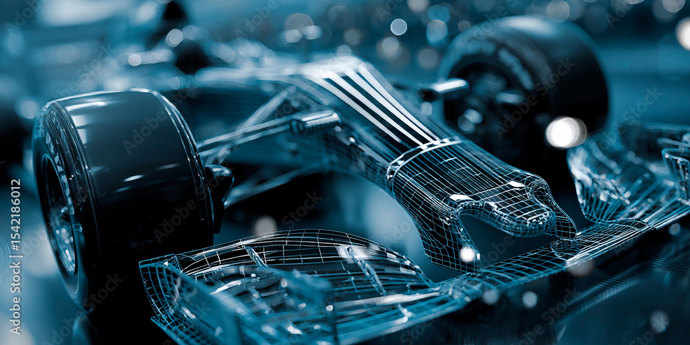 Poster high-tech concept of a race car blending real and wireframe elements in a futuristic environment, hi
