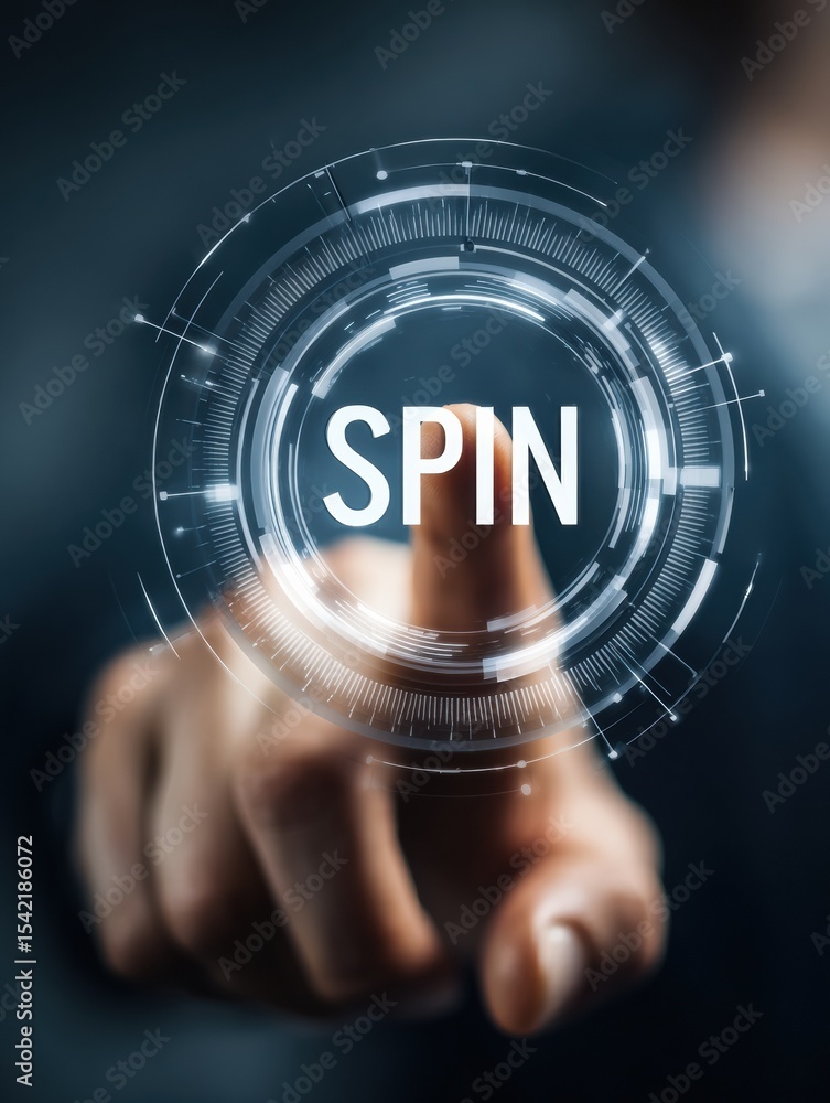 Poster hand reaching for digital spin button against a blurred background with a modern touch